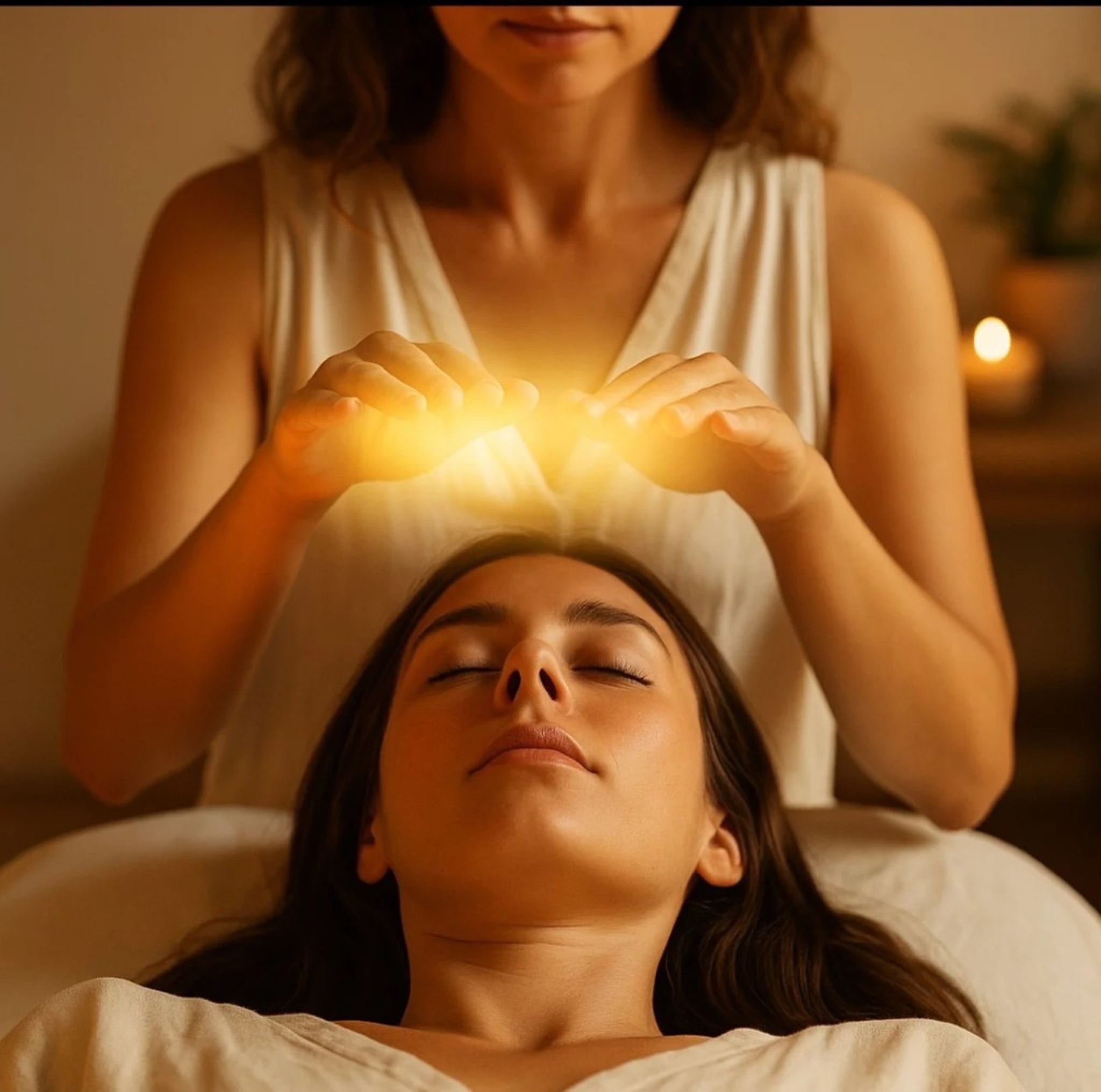 Reiki healing — hands held above the client's head with golden light