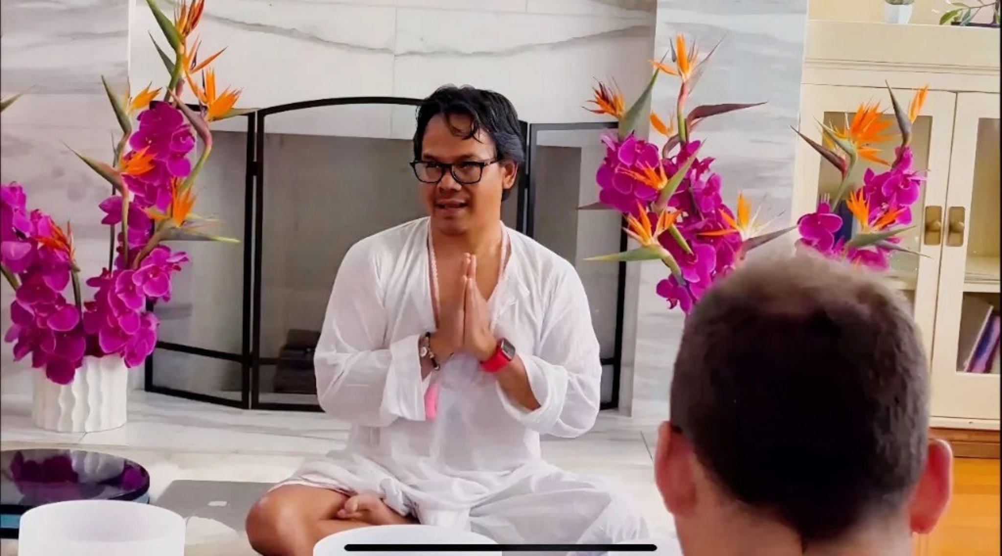 Nakhone Keodara in meditation with singing bowls